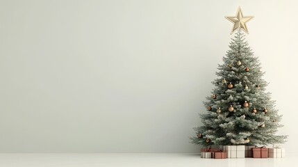 Christmas tree adorned with a star, displayed against a clean background, perfect for holiday-themed designs and celebrations, with ample copy space for text.