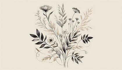 Elegant Botanical Illustration Featuring Delicate Flowers and Leaves. generator AI