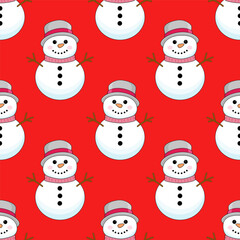 Seamless Christmas pattern with snowmen. Winter pattern for the new year on a red background