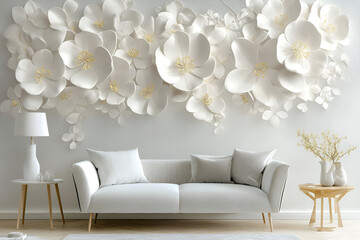 Modern living room with white furniture and large painting of flowers on wall interior design