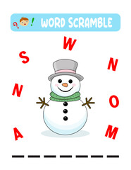 Christmas Spelling Word Scramble Game. An Educational Activity for Kids with the Word Snowman