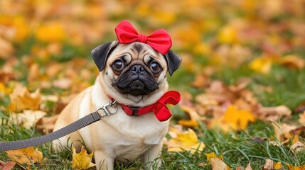 Fototapeta premium Pug dog adorned with a red bow sits calmly behind a stainless steel leash, set against a backdrop of grass and vibrant yellow foliage, perfect for capturing autumn dog walks.