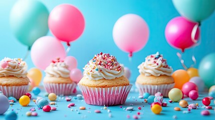 Delicious sweet cakes adorned with colorful balloons and candy create a festive atmosphere. The photo highlights baked treats with empty space, perfect for cosmetic design needs.