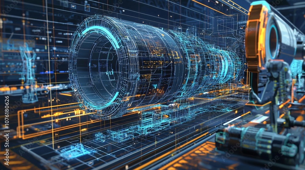 Poster Explore the intricacies of a digital rendering blueprint for advanced industrial machinery and systems