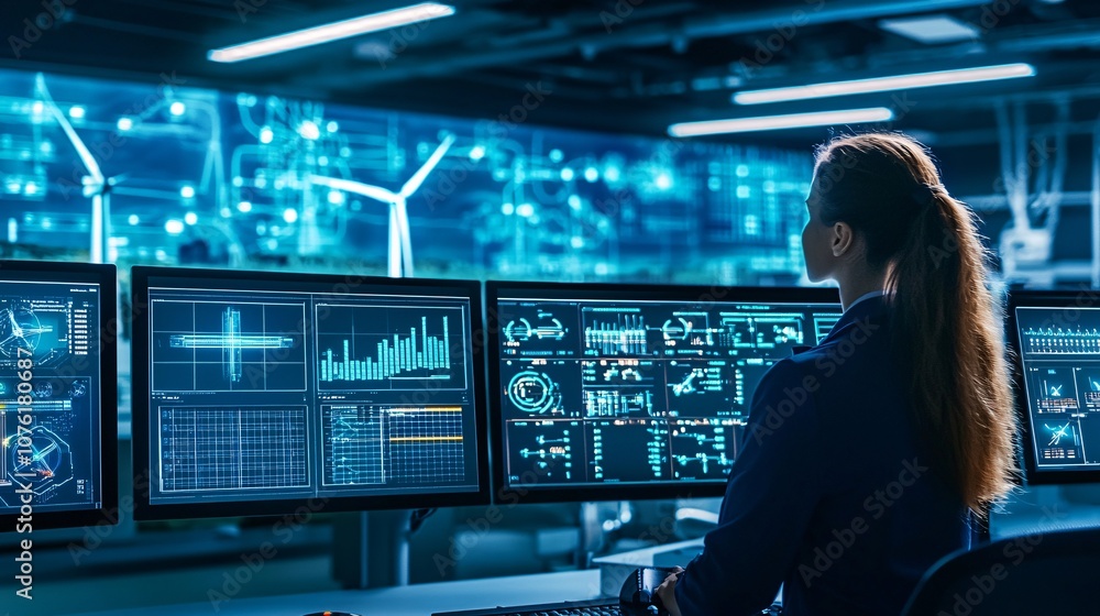 Poster Engineers monitor advanced technologies in a futuristic energy control center for optimal performance and efficiency