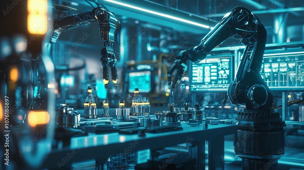 Aufkleber Explore the efficiency of a highly automated production line with advanced robotics technology in modern factories