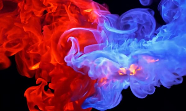 A red flame comes from the left and a blue flame from the right, they meet in the middle. Burning. Generative AI