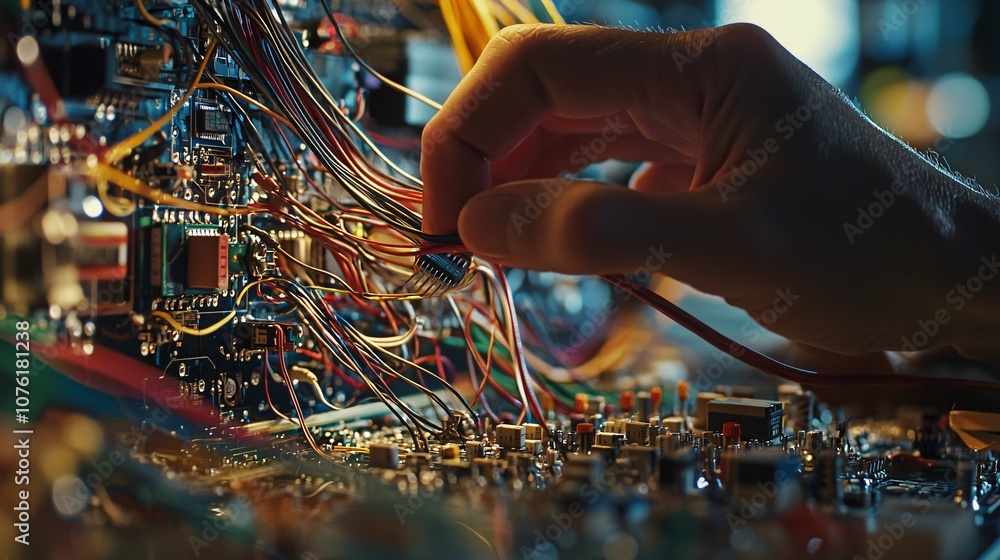 Poster an electrical engineer's expert hands skillfully connect wiring in precision circuitry assembly