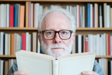 Elderly Man Reading Encyclopedia Celebrate National Dictionary Day, World Literacy Day, International Book Day