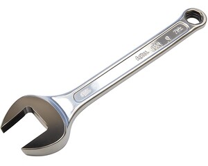 A shiny metal wrench, isolated on a white background, showcasing its sturdy construction and practical use
