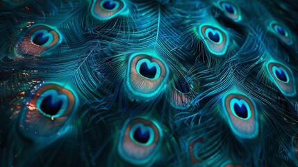 Close up of peacock feathers exhibiting natural patterns of aqua and electric blue eyes, Ai Generated.