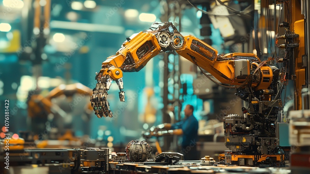 Poster Explore the intricacies of a robotic arm operating in a modern factory environment for enhanced productivity