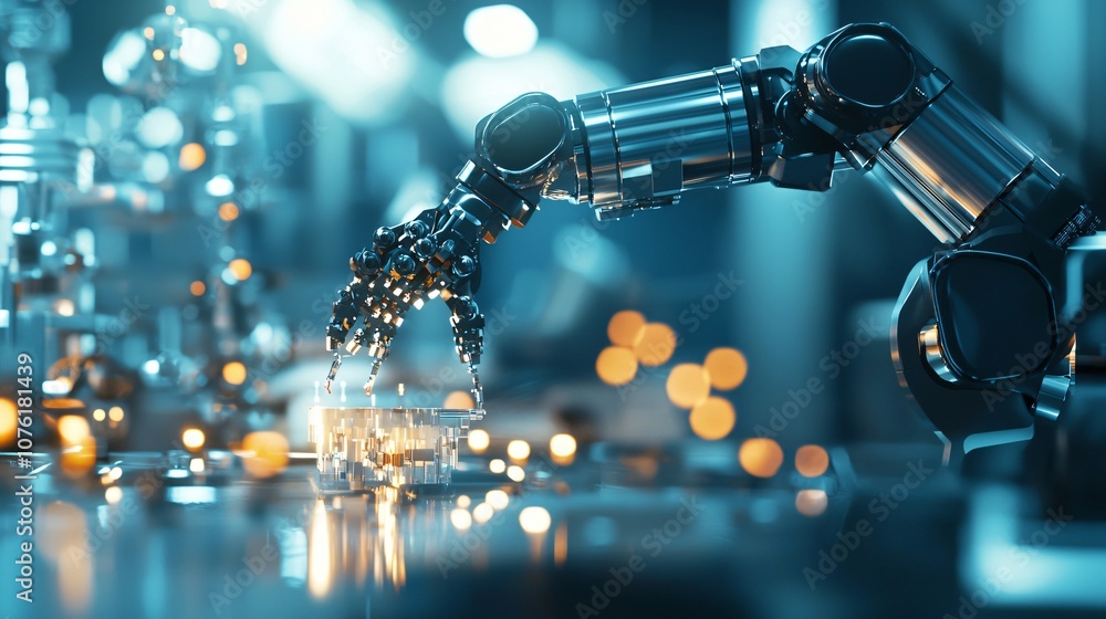 Poster Explore the advanced functionality of a robotic arm in a high-tech factory environment for enhanced automation and efficiency