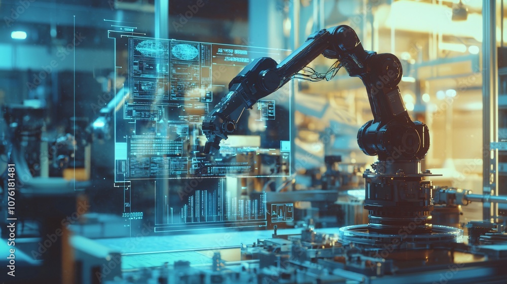 Aufkleber Robotic arm in a factory environment adjusts components with precision and efficiency for automated manufacturing processes