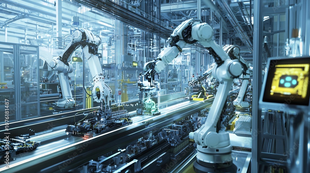 Poster Explore the cutting-edge industrial automation setup utilizing advanced robotic technologies for enhanced efficiency