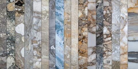 A panoramic view featuring textures of blue, white, grey, cream, buff, and beige marble along with...