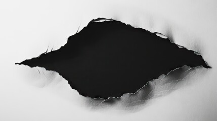 Dark hole created in paper with shadows, isolated against a white background, emphasizing the unique texture and depth of the torn paper. Ideal for creative concepts with space for text.