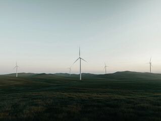 Wind Turbines on Green Field Under Blue Sky, Sustainable Energy Concept
