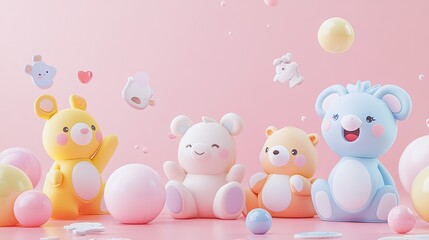 cute 3d fluffy pastel colored animals playing with stickers