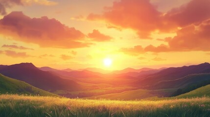 Obraz premium A peaceful sunset casts rich golden hues across rolling hills, creating a tranquil scene of valleys under the stunning sunset. Ample space for text adds to the photos appeal.