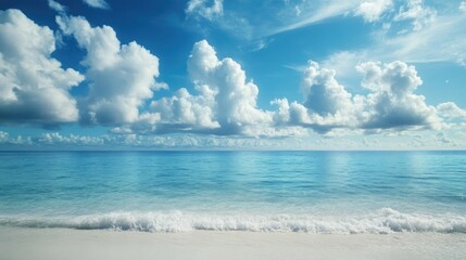 Fototapeta premium A tranquil tropical beach scene presents vibrant white clouds drifting above serene turquoise waters under the sunlight, creating a blissful atmosphere with ample space for photo edits.