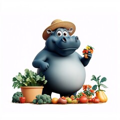 Cute Hippo in a Straw Hat Tending a Garden