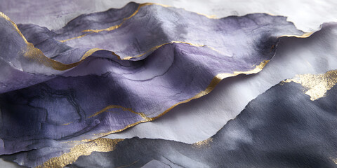 Fototapeta premium Lavender Dreams: Abstract art textile, elegant purple and gray fabric with gold accents. Luxurious silk or chiffon with a flowing, dynamic texture. 