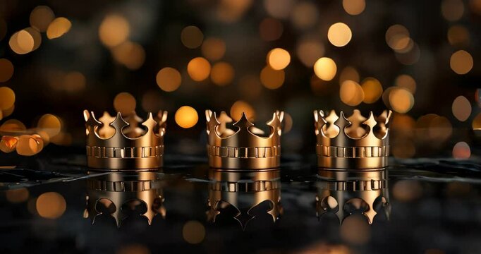 Three golden crowns on black surface with reflection, dark bokeh background with lights and sparkles, Celebration of the Day of the Three Kings