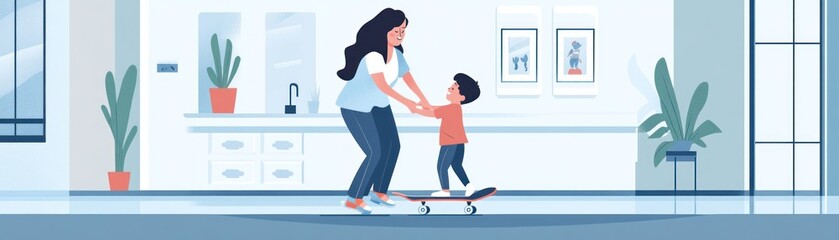 A mother helping her child skateboard in a bright, modern interior.