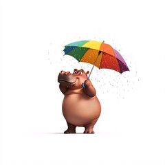 Cute Hippo Twirling Umbrella in a Happy Scene