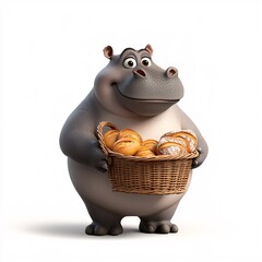 Cute Hippo with a Basket of Freshly Baked Bread