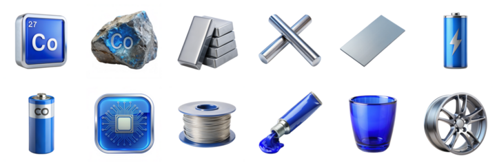 Cobalt products and symbols isolated on transparent background. Includes cobalt bars, wires, batteries, blue glass, and electronics in PNG collection