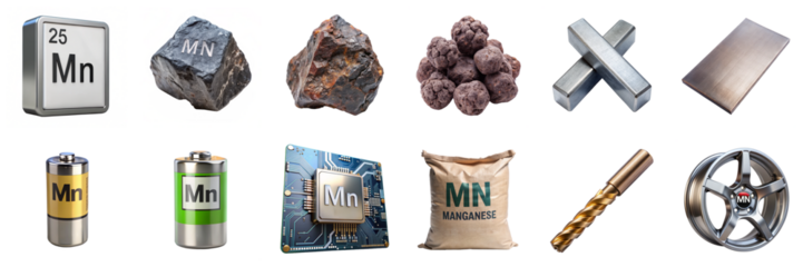 Manganese products and symbols isolated on transparent background. Features ore, alloy wheel, battery, nodule, and electronics in PNG collection