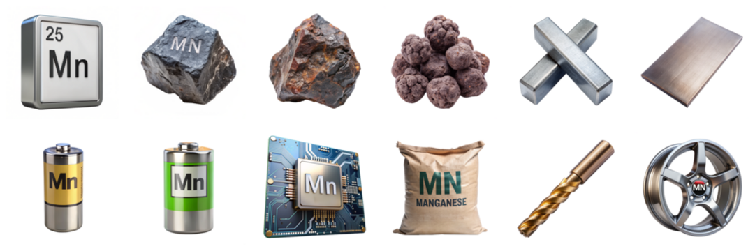 Manganese products and symbols isolated on transparent background. Features ore, alloy wheel, battery, nodule, and electronics in PNG collection