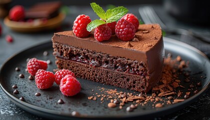 Chocolate Cake with Raspberry Garnish and Chocolate Shavings