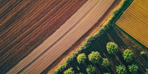 A rural scene featuring agricultural fields covering the brown soil, highlighting the beauty of crop growing in the countryside with rich, fertile earth.