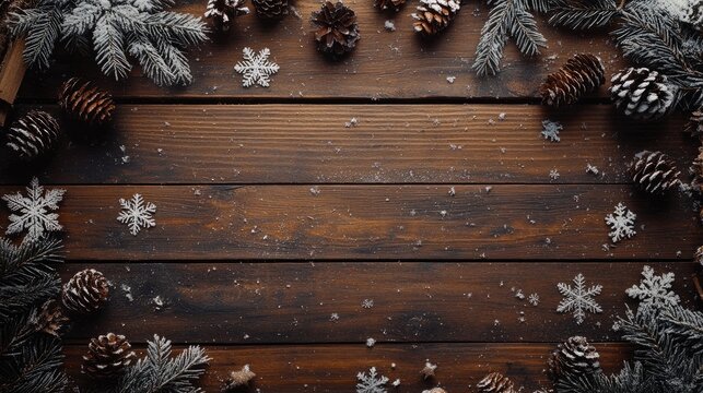 Vertical top view of a wooden table adorned with symbols of winter, Christmas, New Year, and holiday, providing ample copy space for seasonal promotions.