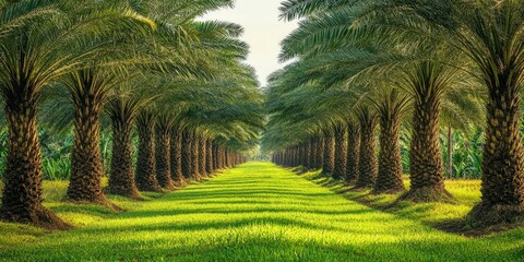 View from the back of a palm oil plantation featuring rows of palm oil trees. The field perspective showcases the organized layout of palm oil tree plantations.