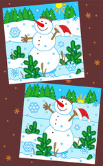 Difference game with happy cheerful snowman walking outdoor. Find 7 differences picture puzzle.
