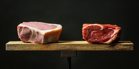 Slices of pork and beef are precariously balanced on the edge, symbolizing an overabundance of animal protein in our diets.