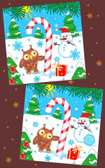 Difference game with owl, big magic candy cane, snowman. Find 7 differences picture puzzle.
