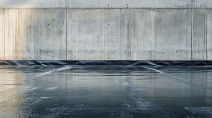 Heavy construction production industry details highlight waterproofing techniques utilizing a liquid membrane system for flat roofs. This photo also offers ample copy space.