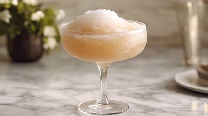 Frozen cocktail inspired by a rum ballerina, capturing the essence of a chilled treat. This enticing frozen cocktail looks delightful with ample space for creative presentation.