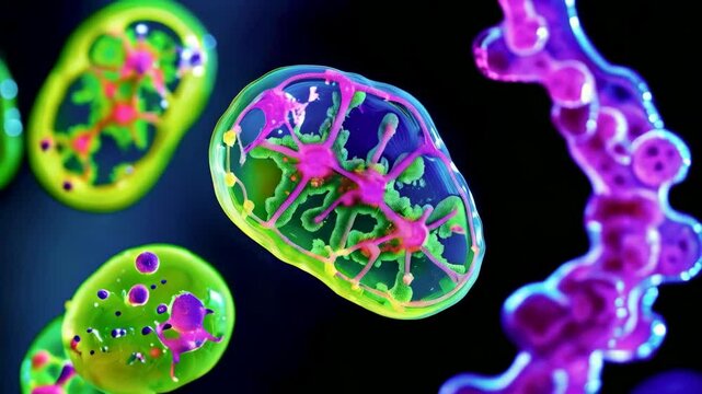 Colorful, fluorescently stained yeast cells dividing