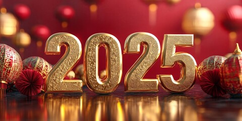 happy new Chinese year 2025. golden numbers "2025" on a red background, surrounded by lanterns and decorations for a Chinese New Year celebration
