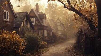 Fototapeta premium Charming houses captured in vintage, warm-hued photos, surrounded by autumn foliage and morning mist, create a serene atmosphere ideal for storytelling and visual inspiration. Copy space included.