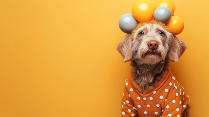 Cute dog in orange polka dot sweater wearing a creative balloon hat against an orange background.