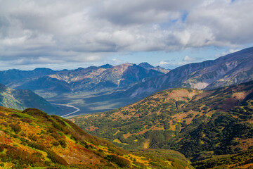  View from the Vilyuchinsky pass to the mountains and valleys. Petropavlovsk-Kamchatsky, Kamchatka, Russia.