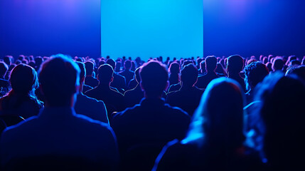 Obraz premium Business conference hall with presentation, blue lighting, audience, and professional setup