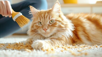 Owner gently brushes cat hair from carpet using a high-fidelity pet grooming tool for a cleaner home